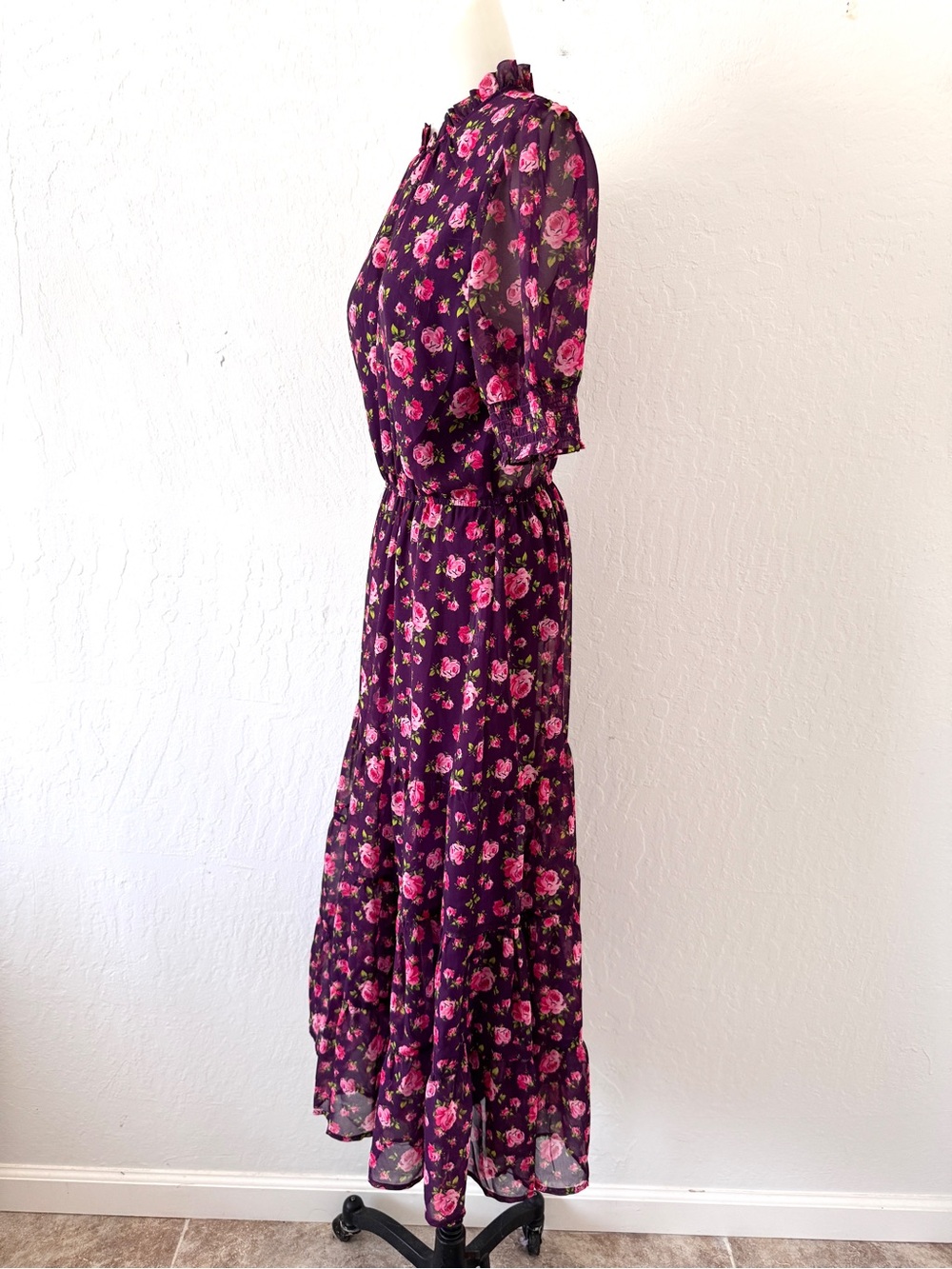 Betsey Johnson Floral Keyhole Midi Dress in Deep Purple with Pink Roses Small - Picture 5 of 11